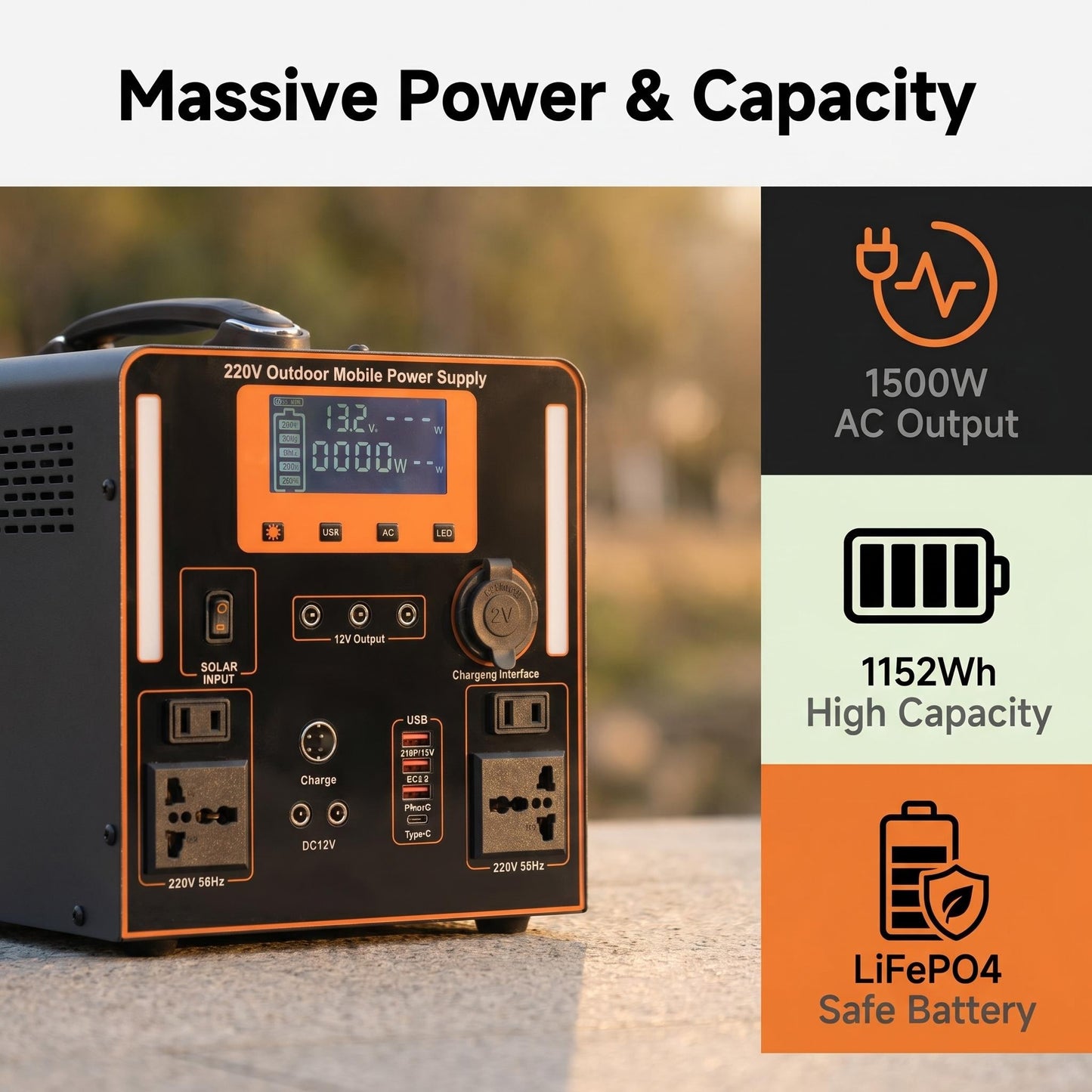 BEONE YJ905 1500W Portable Power Station | 1152Wh LiFePO4 Solar Generator