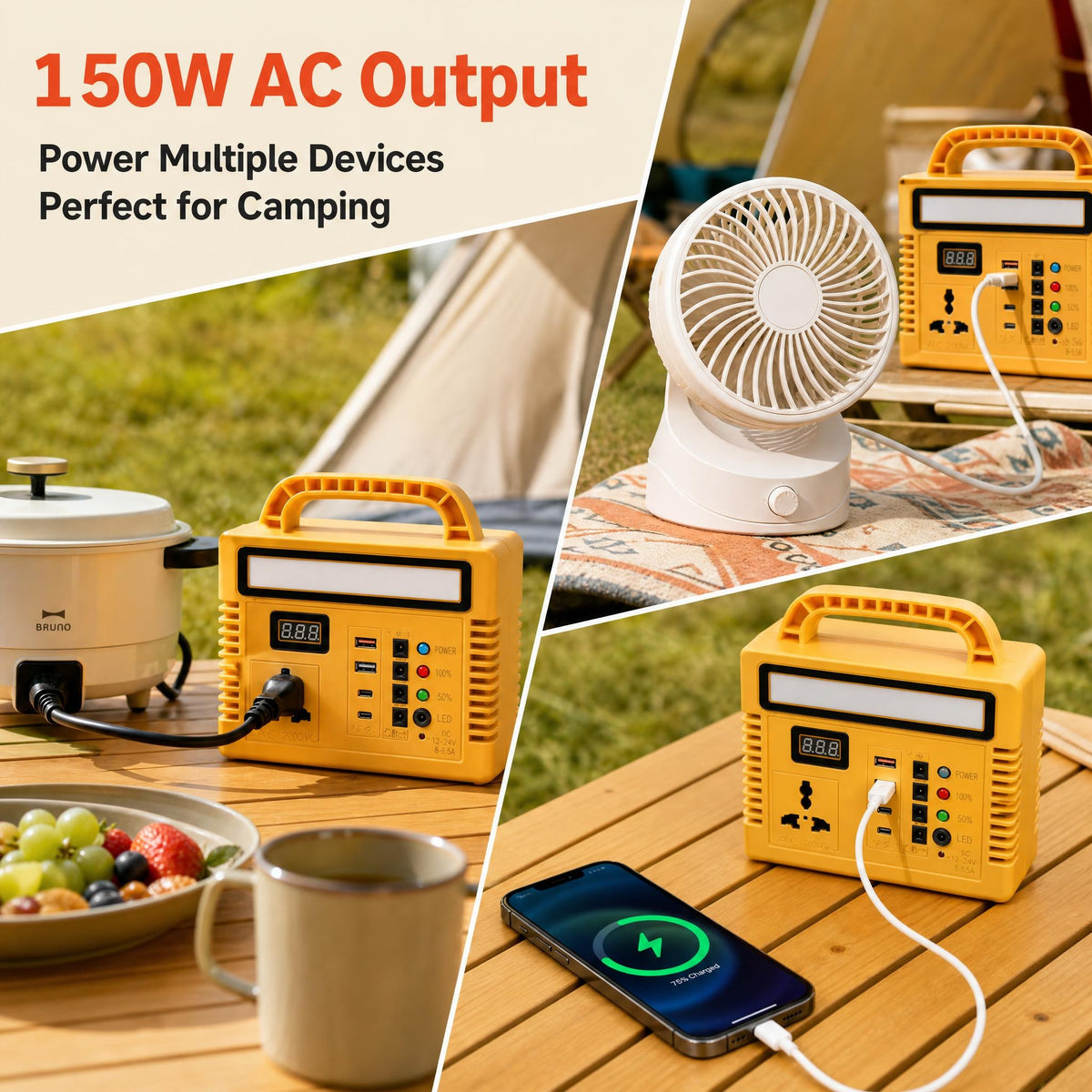 BEONE P150 150W Portable Power Station with Bluetooth Speaker & RGB Light，Camping, RV travel, patio parties, night markets, emergency lighting, phone charging and small outdoor devices.