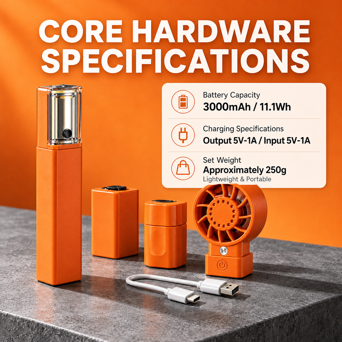 4-in-1 Modular Power Bank Kit, Magnetic Detachable Power Bank with Mini Fan, Electric Shaver & 300LM Flashlight, 3000mAh Portable Outdoor Emergency Power Supply