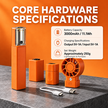 4-in-1 Modular Power Bank Kit, Magnetic Detachable Power Bank with Mini Fan, Electric Shaver & 300LM Flashlight, 3000mAh Portable Outdoor Emergency Power Supply