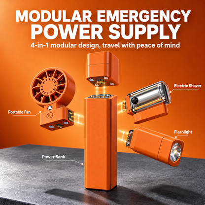 4-in-1 Modular Power Bank Kit, Magnetic Detachable Power Bank with Mini Fan, Electric Shaver & 300LM Flashlight, 3000mAh Portable Outdoor Emergency Power Supply