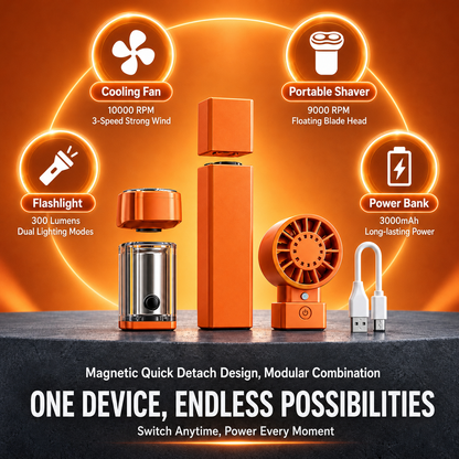 4-in-1 Modular Power Bank Kit, Magnetic Detachable Power Bank with Mini Fan, Electric Shaver & 300LM Flashlight, 3000mAh Portable Outdoor Emergency Power Supply