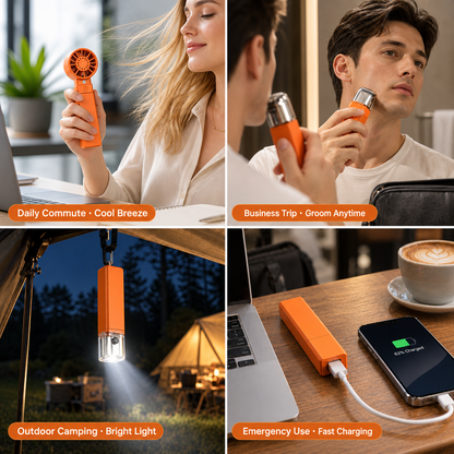 4-in-1 Modular Power Bank Kit, Magnetic Detachable Power Bank with Mini Fan, Electric Shaver & 300LM Flashlight, 3000mAh Portable Outdoor Emergency Power Supply
