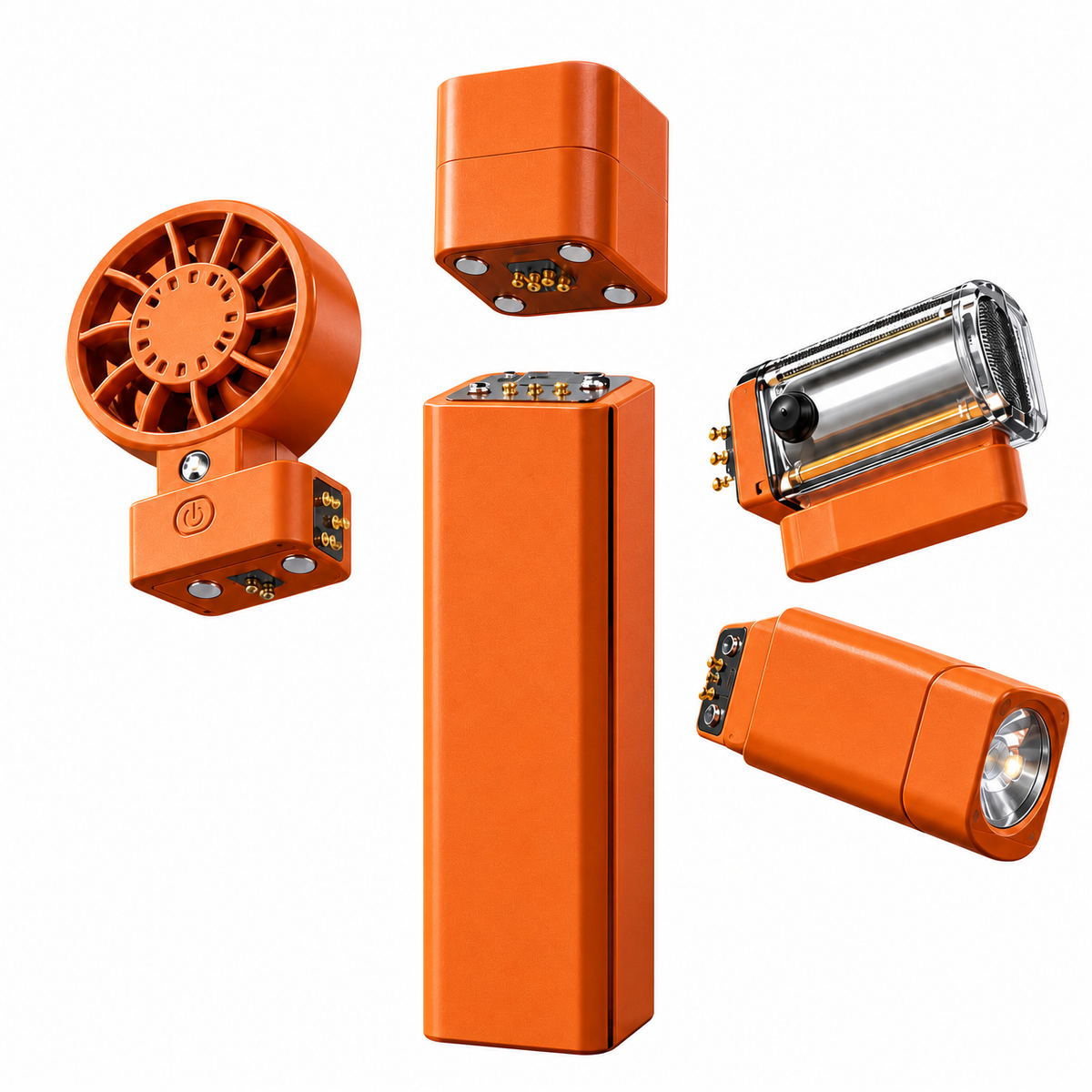 4-in-1 Modular Power Bank Kit, Magnetic Detachable Power Bank with Mini Fan, Electric Shaver & 300LM Flashlight, 3000mAh Portable Outdoor Emergency Power Supply