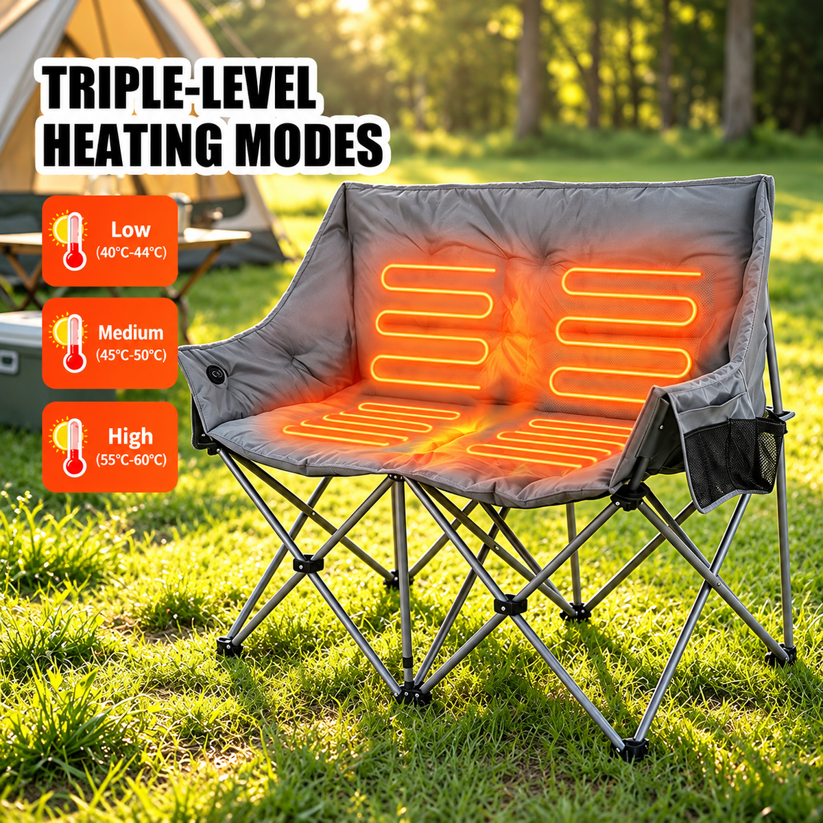 Heated Double Camping Chair with 3 Heat Settings – Portable Folding Loveseat