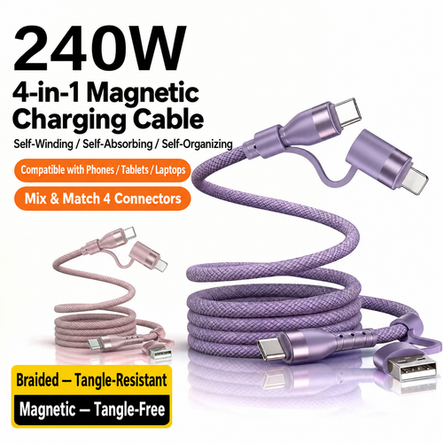 240W 4-in-1 Magnetic Charging Cable with USB-C, USB-A & Lightning