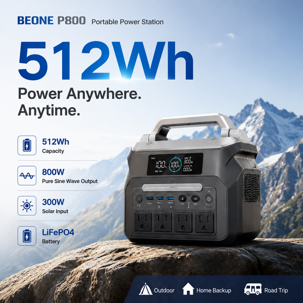 BEONE P800 800W Portable Power Station | 512Wh LiFePO4 Solar Generator