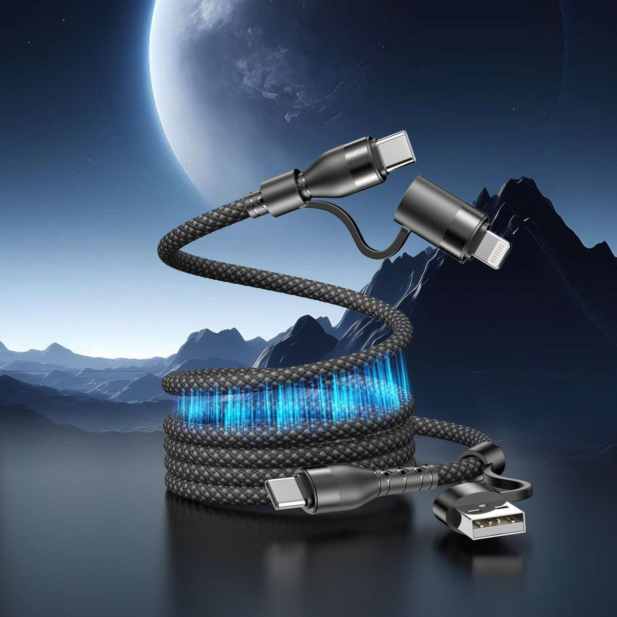 240W 4-in-1 Magnetic Charging Cable with USB-C, USB-A & Lightning
