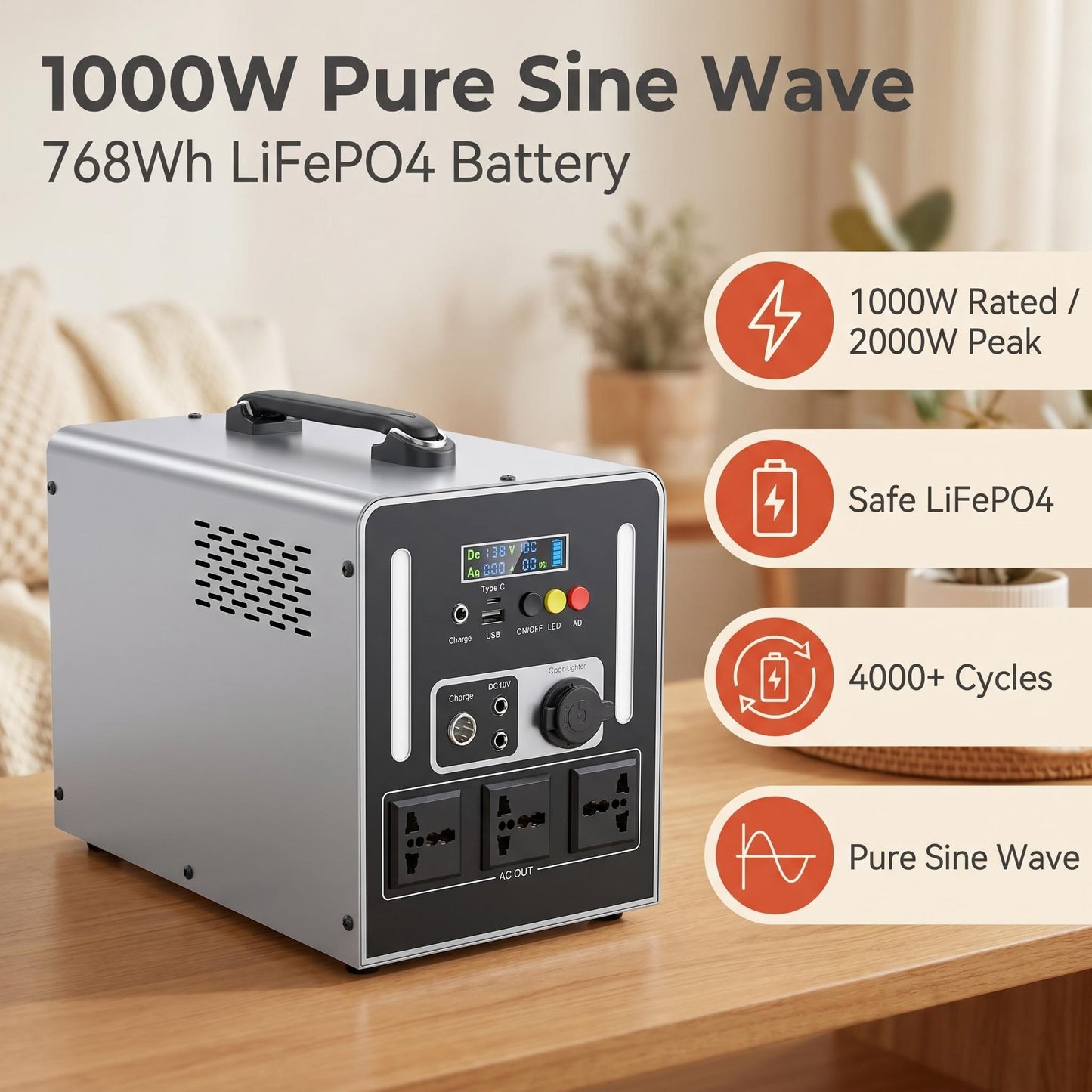 BEONE YJ905 1000W Portable Power Station | 768Wh LiFePO4 Solar Generator