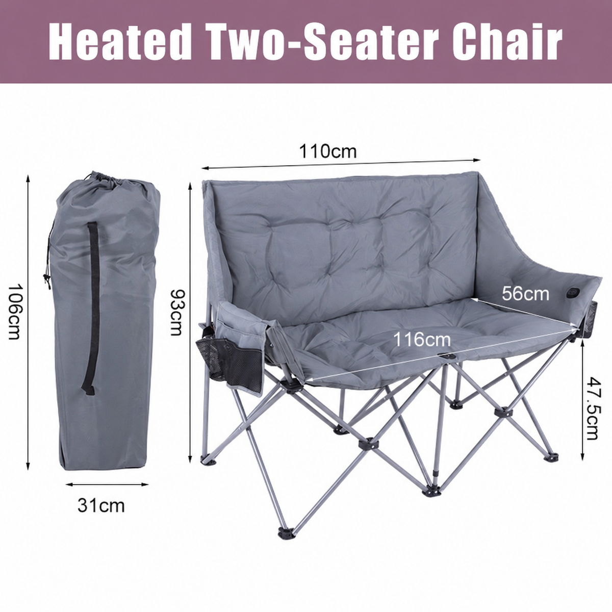 Heated Double Camping Chair with 3 Heat Settings – Portable Folding Loveseat